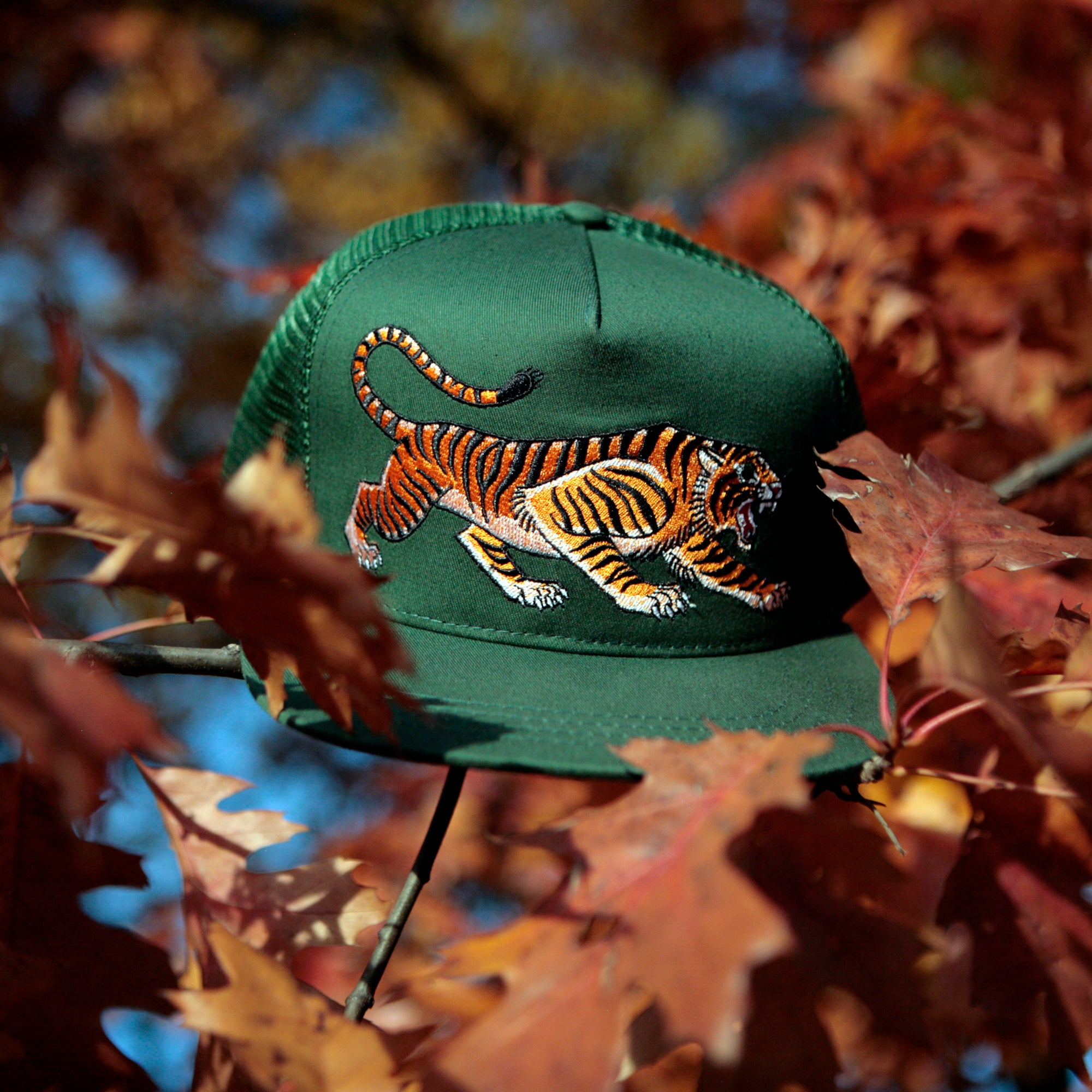 Tiger Trucker Hat with Snapback Tattoo-Style Spruce Green